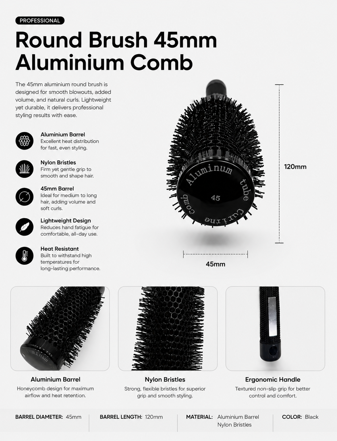 Round Brush 45mm Aluminium Comb