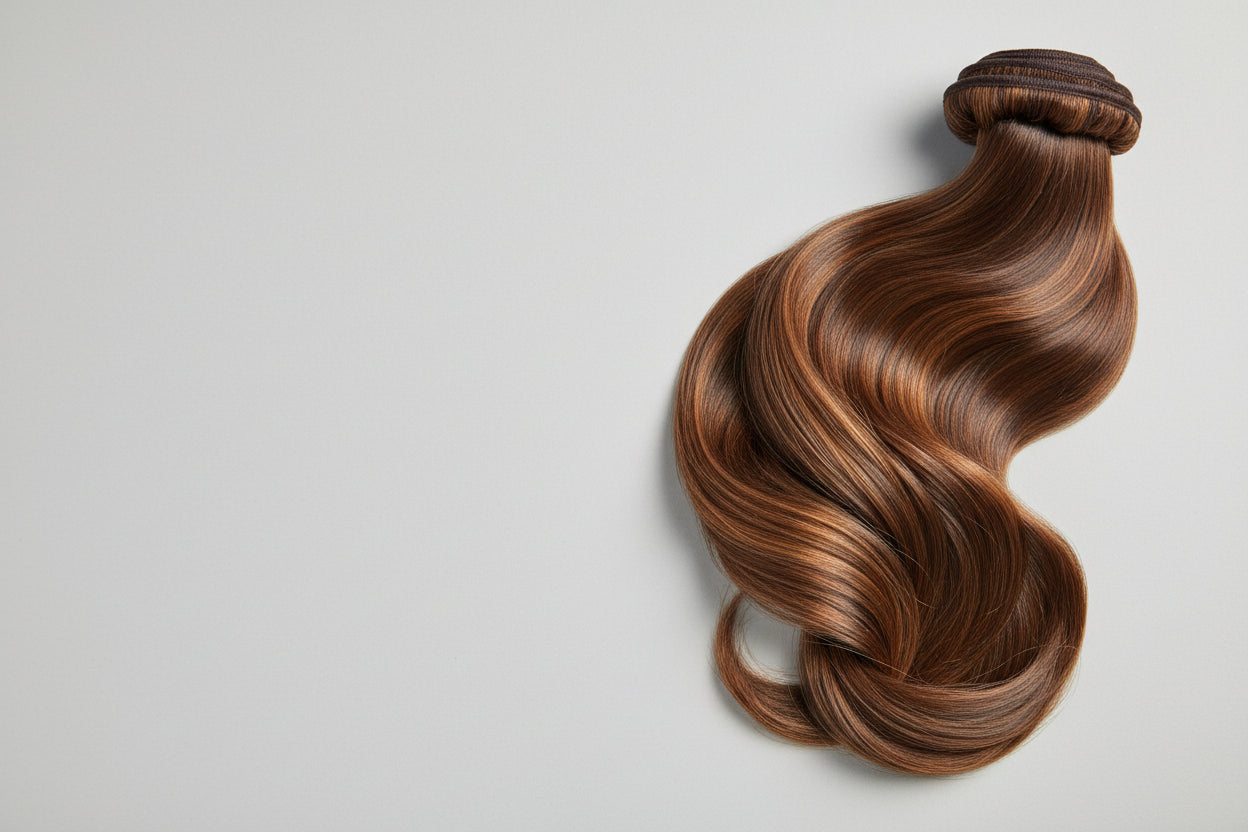Person with hand adjusting hair on a plain background